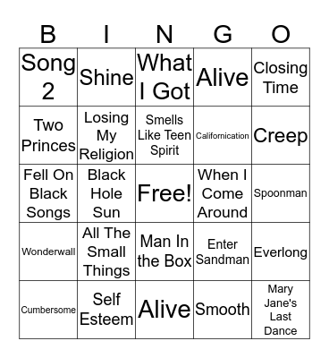 90's Rock Bingo Card