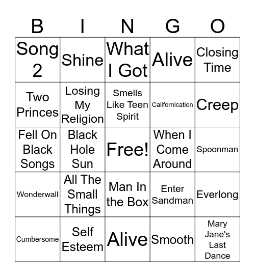 90's Rock Bingo Card