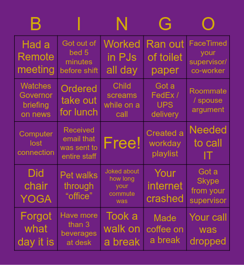 Work from home BINGO Card