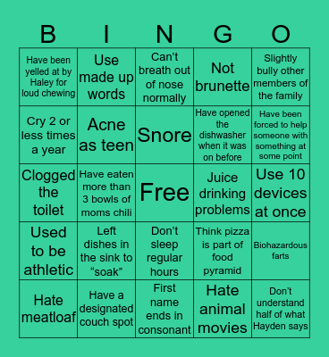 Young Family Bingo Card