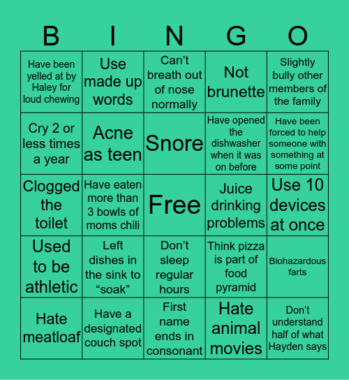 Young Family Bingo Card
