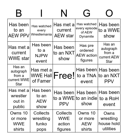 Pro Wrestling Bingo Card