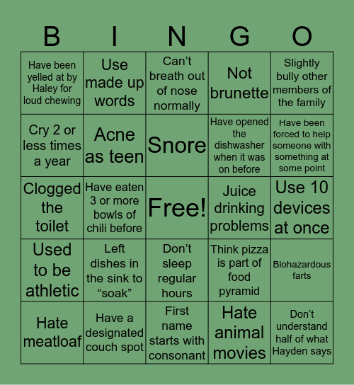 Young Family Bingo Card