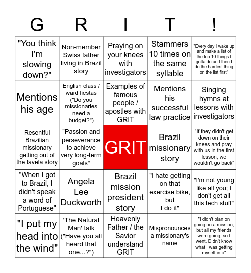 President Zobrist's GRIT Bingo! (or "Gringo!") Bingo Card