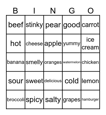 Food/Adj Bingo Card