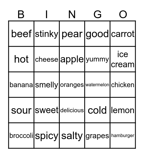 Food/Adj Bingo Card