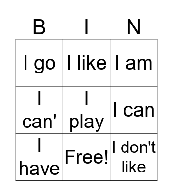 Writing Bingo Card