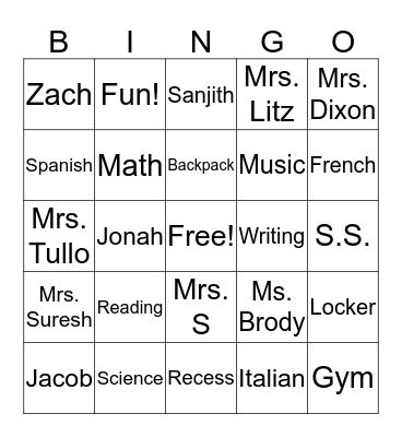 Room 118 Bingo Card