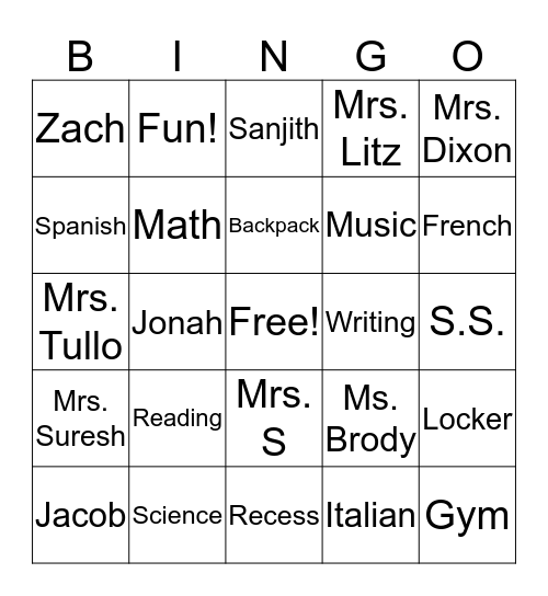 Room 118 Bingo Card