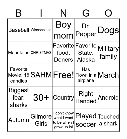 People Like Me Bingo Card