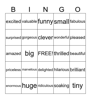 Extreme Adjectives Bingo Card