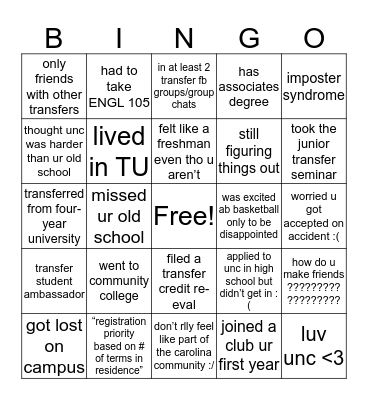 UNC Transfer Student Bingo Card