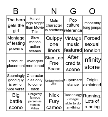 Marvel Cinematic Universe Bingo Card