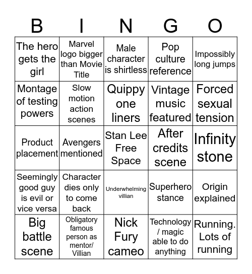 Marvel Cinematic Universe Bingo Card