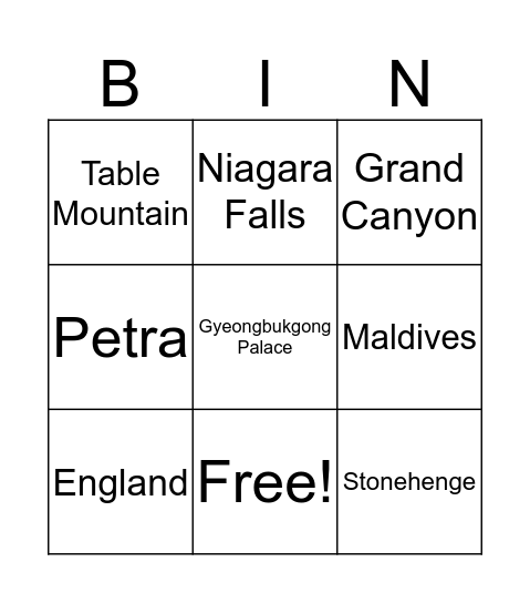 Places to See Bingo Card