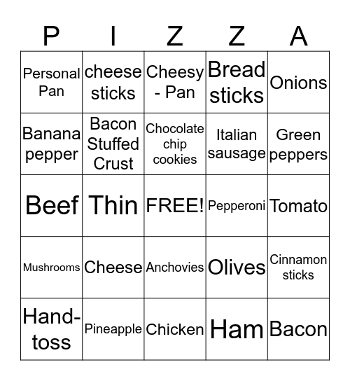Pizza Hut Wild Card Bingo Card