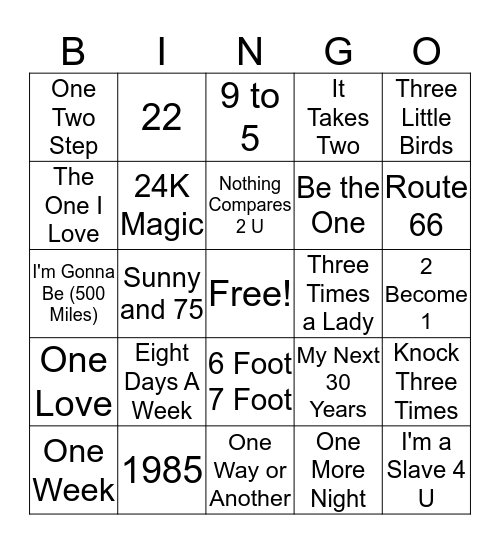 Songs with Numbers Bingo Card