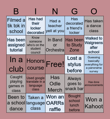 Odle Middle School Bingo Card