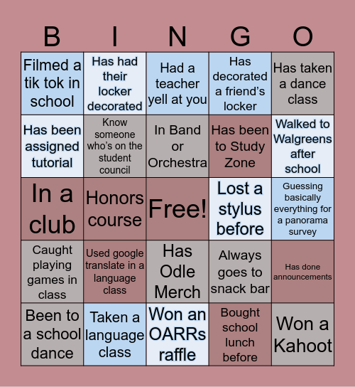 Odle Middle School Bingo Card