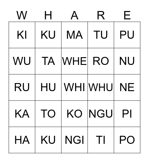 WHARE_REO MĀORI Bingo Card