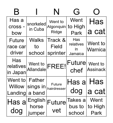Classmates Bingo Card