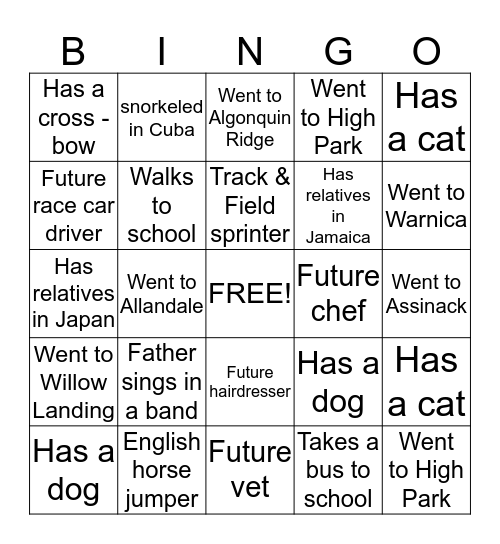 Classmates Bingo Card