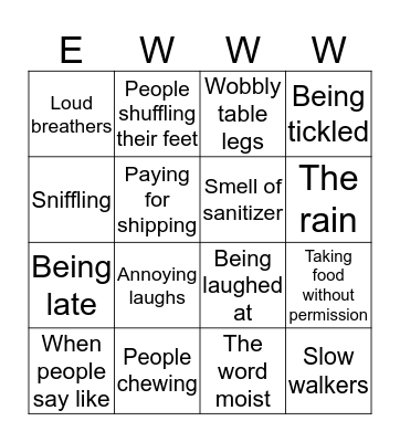 Pet peeves Bingo Card