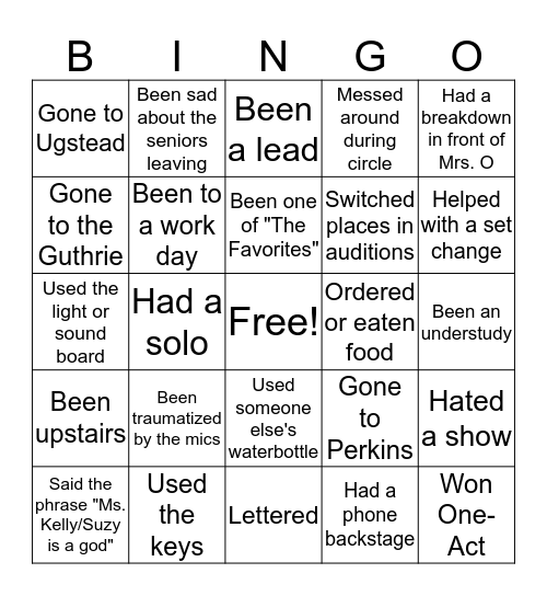 PHS Drama Bingo Card