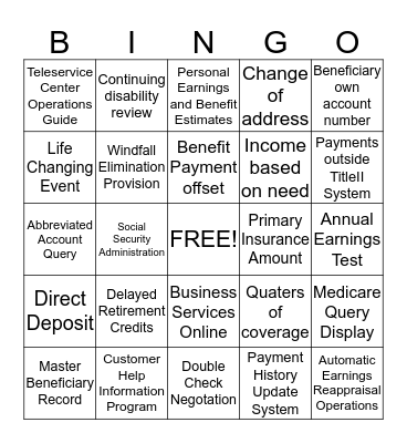 Social Security Adminstration Acronyms  Bingo Card