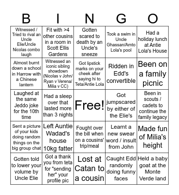 Hasbani Cousins Bingo Card