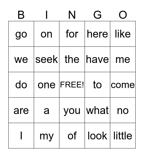 Sight Word Bingo Card