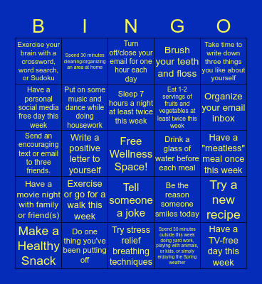 STUDENT EXPERIENCE VIRTUAL WELLNESS Bingo Card