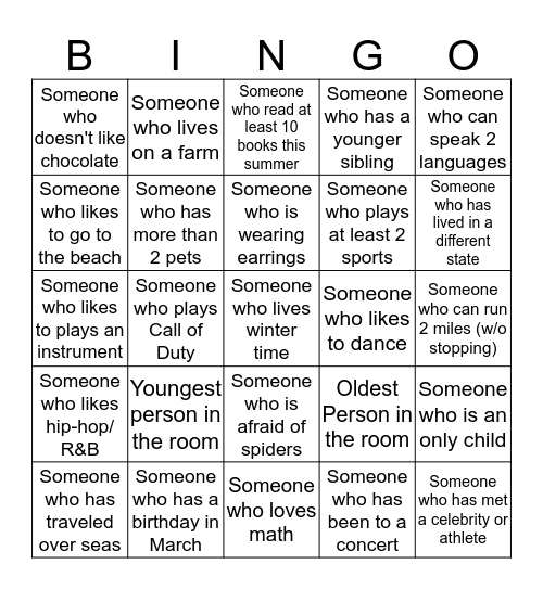 Get to Know your Class Bingo Card