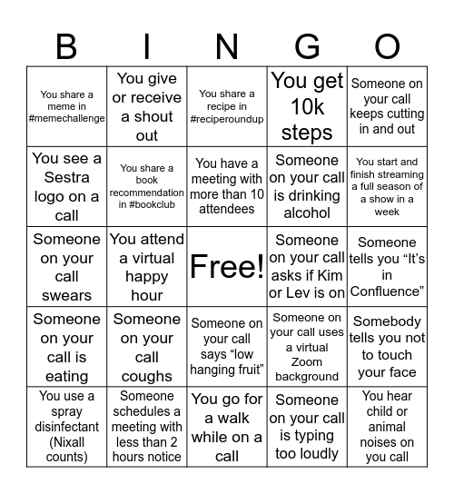 Sestra Quarantine Bingo Card