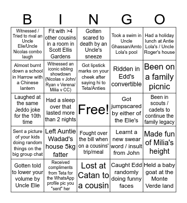 Hasbani Cousins Bingo Card