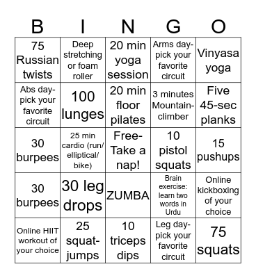 Quarantine Fitness Bingo Card