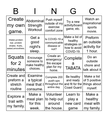 Health and Wellness Bingo Card