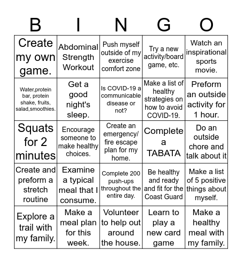 Health and Wellness Bingo Card