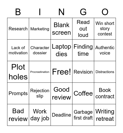 The writing life Bingo Card