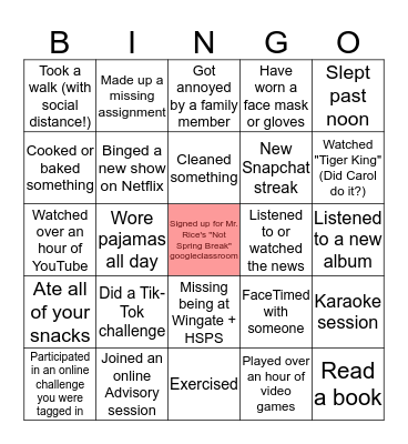 Spring "Break" Bingo Card