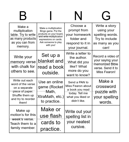 Third Grade Bingo 4/20-4/24 Bingo Card