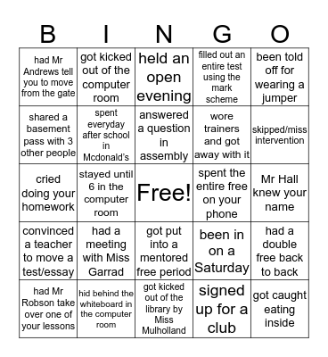 Holland Park Sixthform Bingo Card