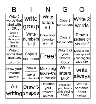 writing and FM Bingo Card