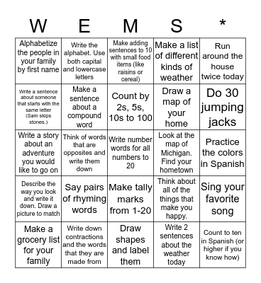 Writing/ELA/Math/Sci/Social Studies/Specials Bingo Card