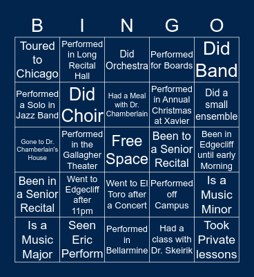 Xavier University Music Department Bingo Card