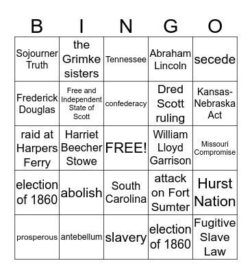 The United States Civil War Bingo Card