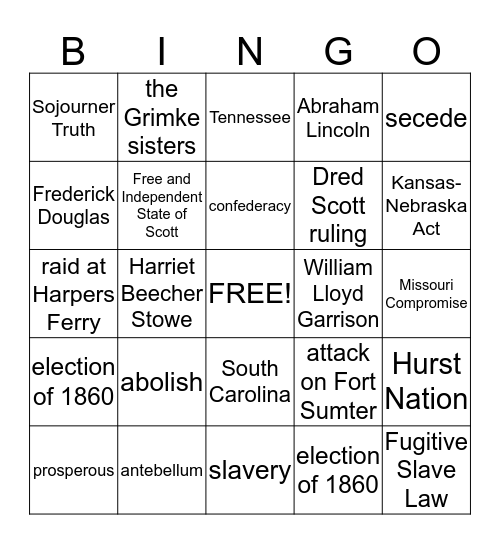The United States Civil War Bingo Card