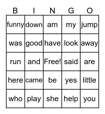 Sight Word Bingo Card