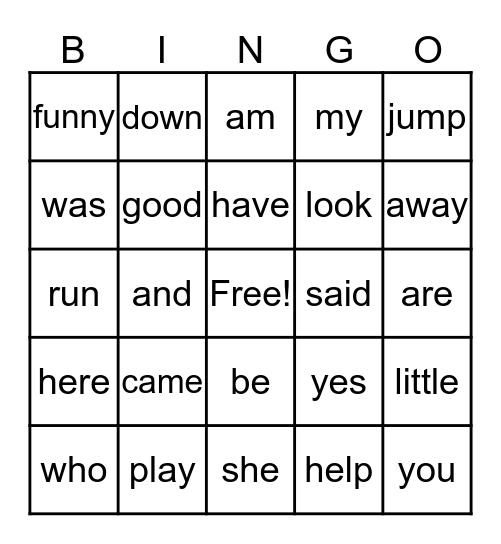 Sight Word Bingo Card
