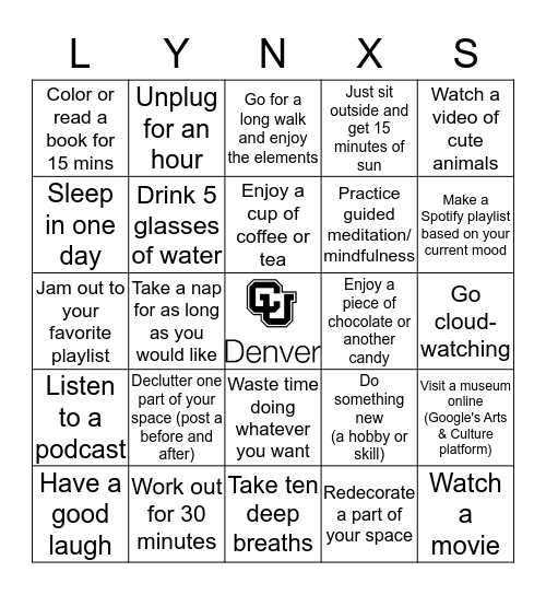 Lynx Self-Care Bingo Card